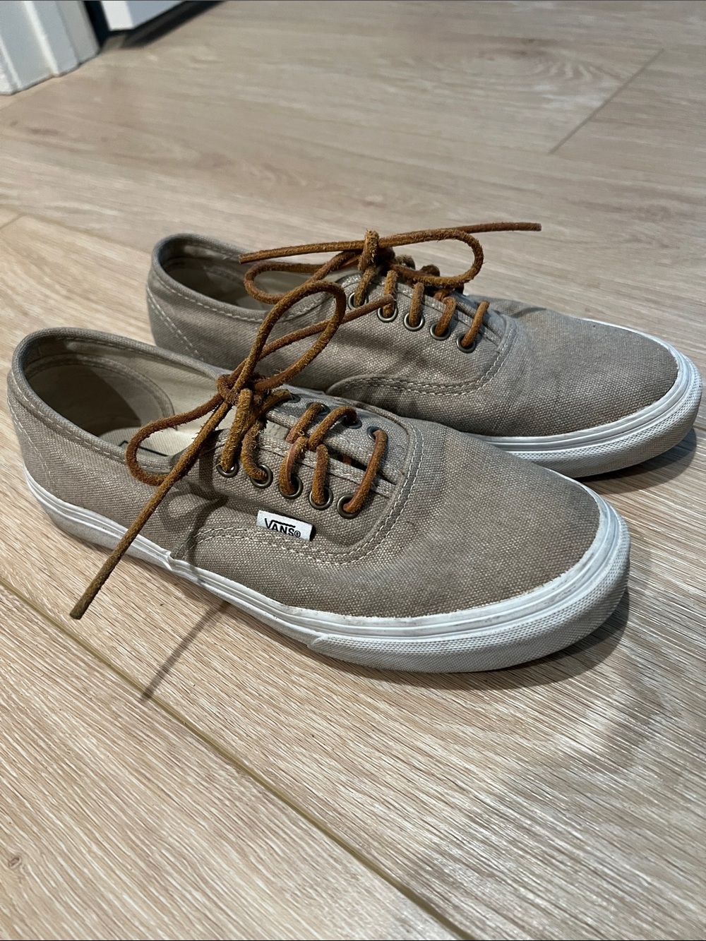 Vans canvas shoes, leather laces, tan, women 8.5; men 7
